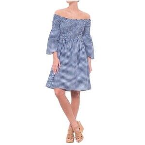 Cupio Mini Dress Women's Gingham Smocked Off-The-Shoulder Blue White Size Large